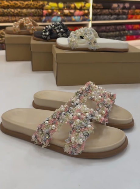 Ladies' Pearl & Rhinestone Textured Cross-Strap Mule Sandals