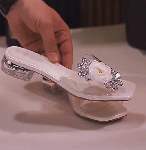 Ladies' Clear Strap 3D Rose Embellished Block Heel Mule Sandals