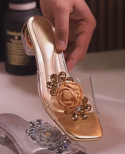 Ladies' Clear Strap 3D Rose Embellished Block Heel Mule Sandals