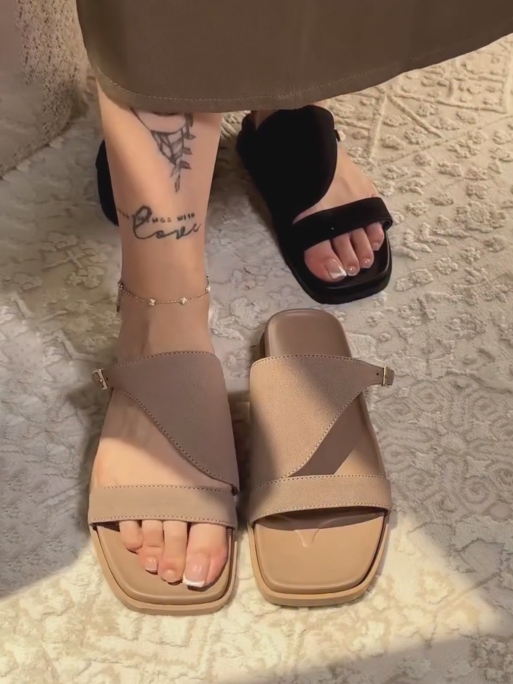 Ladies' Crisscross Strap Adjustable Buckle Square-Toe Platform Slide Sandal
