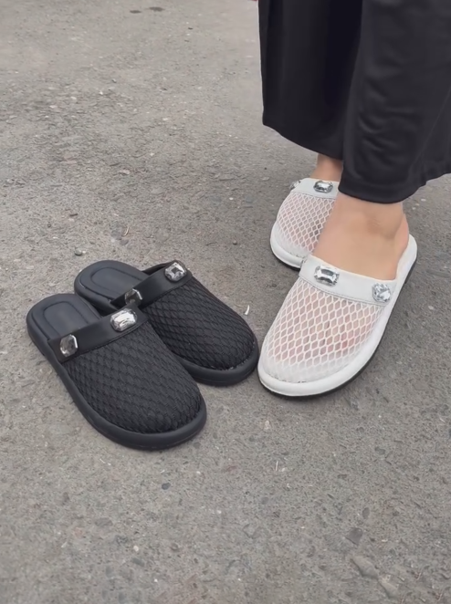 Ladies' Breathable Rhinestone-Studded Mesh Backless Loafer Slippers