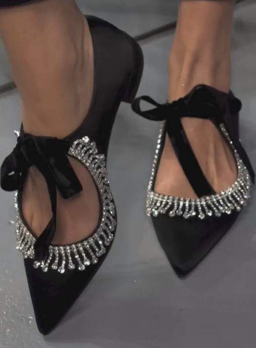 Ladies' Rhinestone Fringe Bow Detail Pointed-Toe Mary Jane Flats