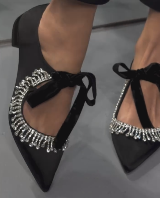 Ladies' Rhinestone Fringe Bow Detail Pointed-Toe Mary Jane Flats