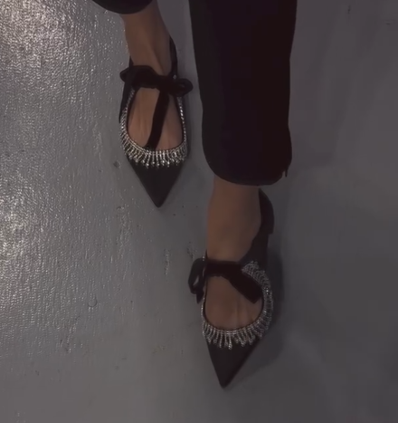 Ladies' Rhinestone Fringe Bow Detail Pointed-Toe Mary Jane Flats