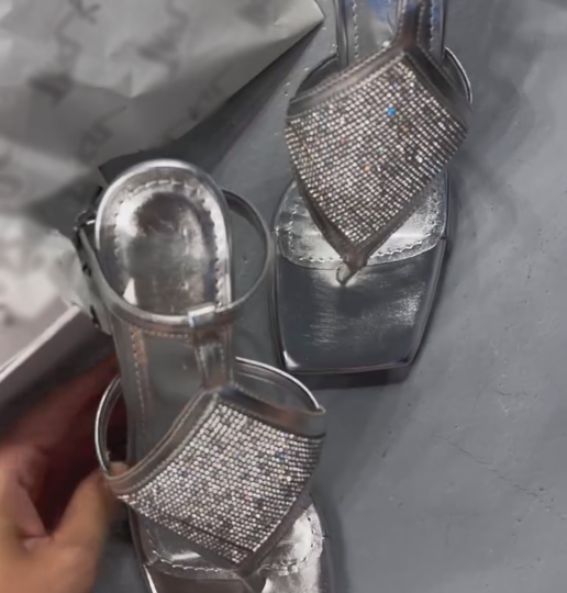 Ladies' Rhinestone-Embellished Thong-Toe Sculptural Heel Slingback Sandals