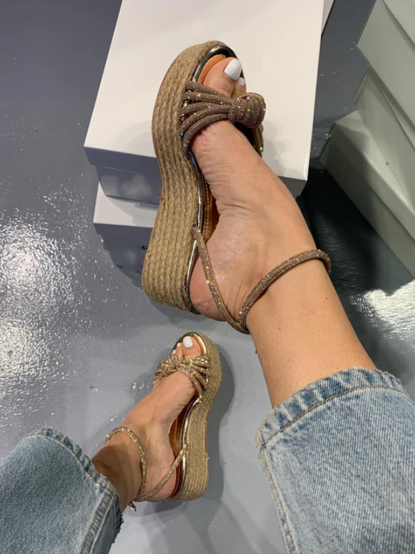 Ladies' Rhinestone Bow Detail Espadrille Wedge Slingback Sandals