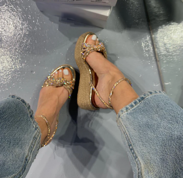 Ladies' Rhinestone Bow Detail Espadrille Wedge Slingback Sandals