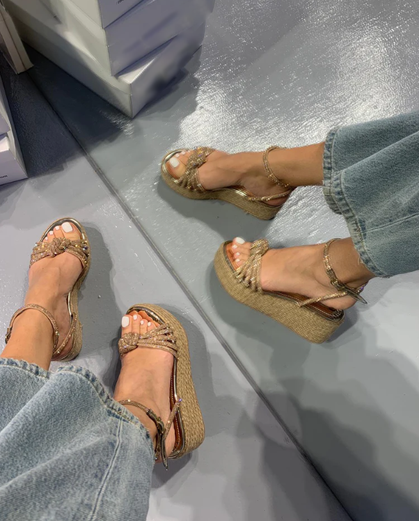 Ladies' Rhinestone Bow Detail Espadrille Wedge Slingback Sandals