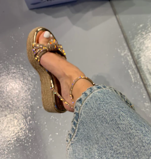 Ladies' Rhinestone Bow Detail Espadrille Wedge Slingback Sandals