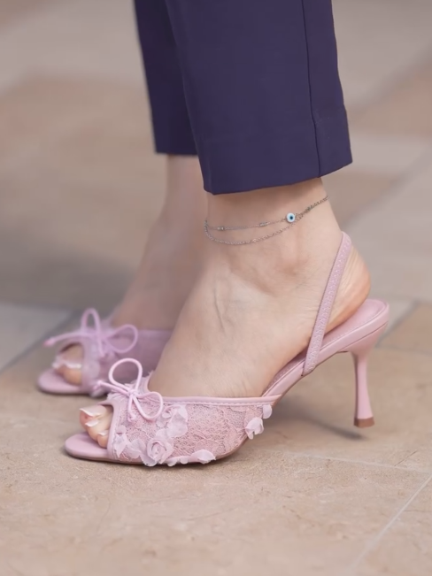 Ladies' Romantic Open-Toe Lace Embellished High Heel Mules