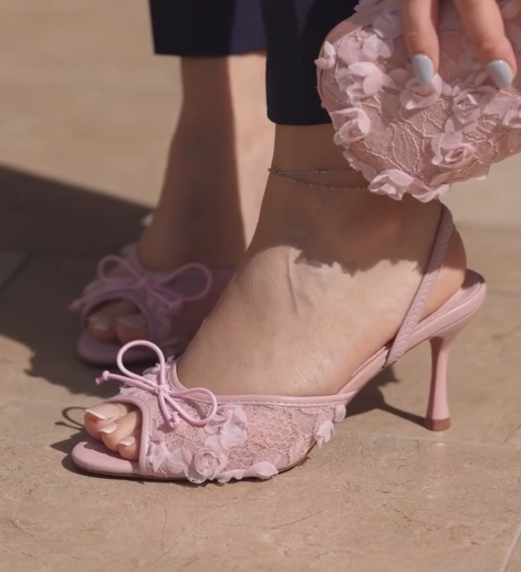 Ladies' Romantic Open-Toe Lace Embellished High Heel Mules