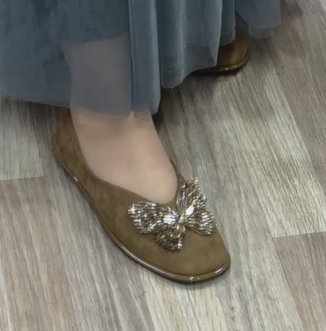 Ladies' Rhinestone Butterfly Embellished Square-Toe Flats