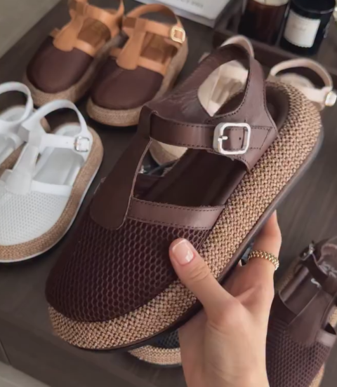 Ladies' Mesh T-Strap Espadrille Wedge Slingback Sandals