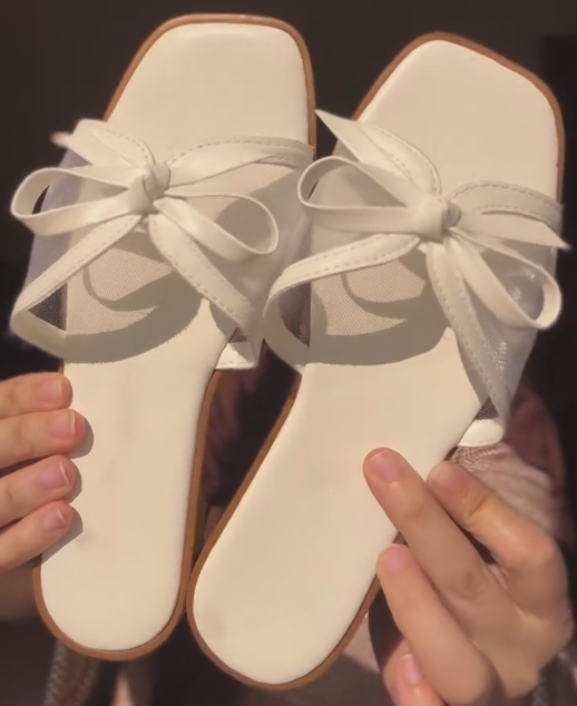 Women's Bow Decor Mesh Square Toe Flat Slides