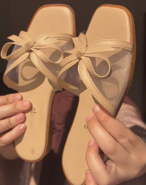 Women's Bow Decor Mesh Square Toe Flat Slides