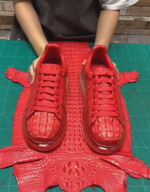 Men's Handmade Red Crocodile-Embossed Leather Sneakers