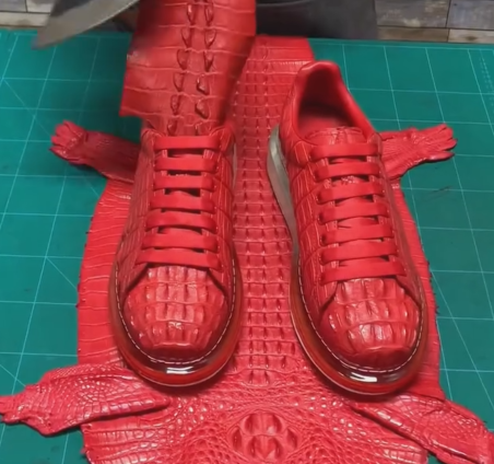 Men's Handmade Red Crocodile-Embossed Leather Sneakers
