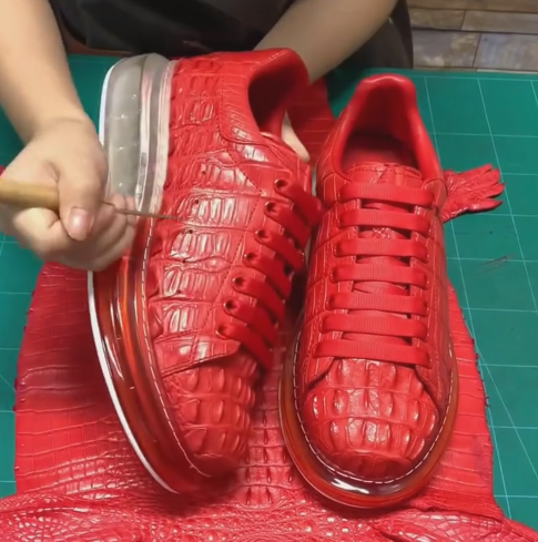 Men's Handmade Red Crocodile-Embossed Leather Sneakers
