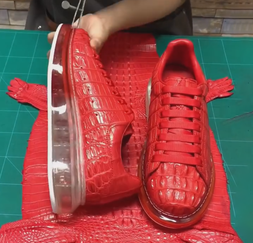 Men's Handmade Red Crocodile-Embossed Leather Sneakers