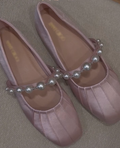 Ladies' Pearl Strap Pleated Square-Toe Ballet Flats