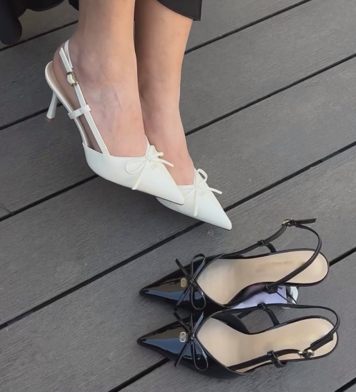 Ladies' Bow Detail Pointed-Toe Slingback Heeled Sandals