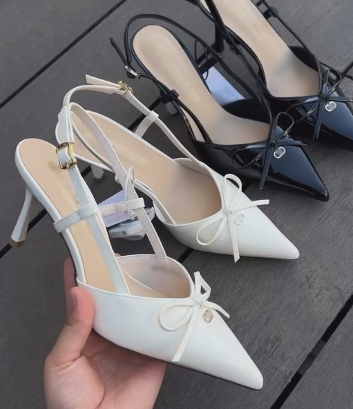 Ladies' Bow Detail Pointed-Toe Slingback Heeled Sandals