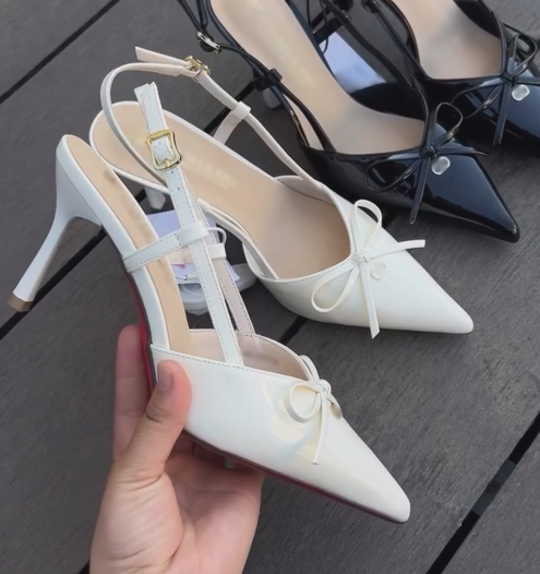 Ladies' Bow Detail Pointed-Toe Slingback Heeled Sandals