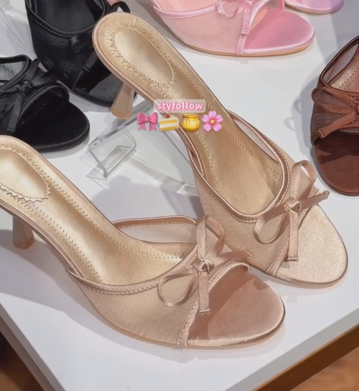 Ladies' Open-Toe Slip-On Heeled Sandals with Bow Accent
