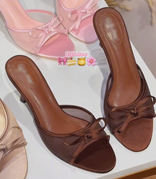 Ladies' Open-Toe Slip-On Heeled Sandals with Bow Accent