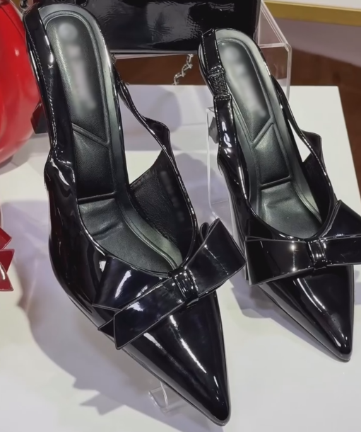 Ladies' Patent Bow Pointed-Toe Slingback Heels