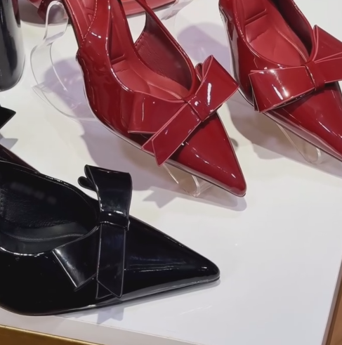 Ladies' Patent Bow Pointed-Toe Slingback Heels