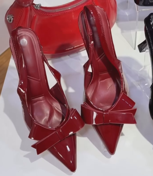 Ladies' Patent Bow Pointed-Toe Slingback Heels
