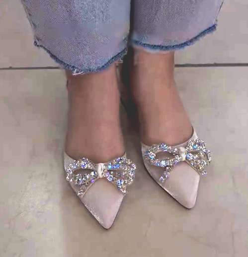 Ladies' Sparkling Rhinestone Bow Slip-On Heeled Mules