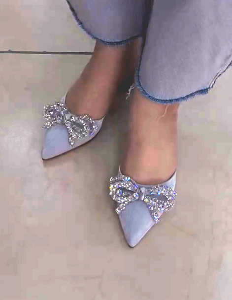 Ladies' Sparkling Rhinestone Bow Slip-On Heeled Mules
