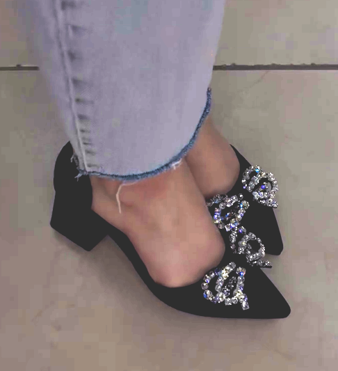Ladies' Sparkling Rhinestone Bow Slip-On Heeled Mules