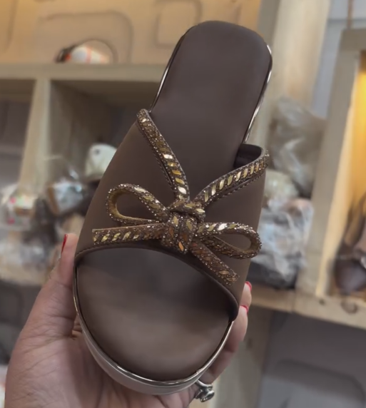 Ladies' Rhinestone Bow Platform Wedge Slides