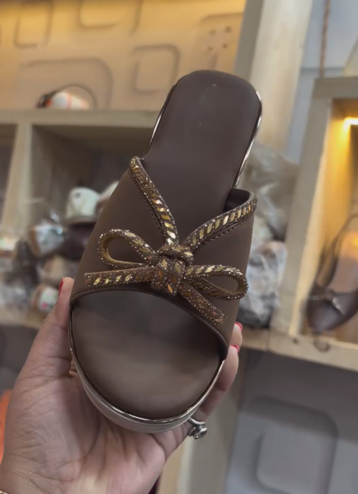 Ladies' Rhinestone Bow Platform Wedge Slides
