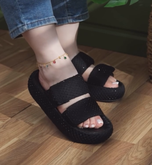 Ladies' Rhinestone-Embellished Double-Strap Platform Slides