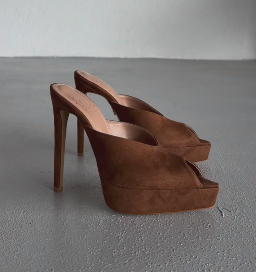 Ladies' Suede Peep-Toe Platform Stiletto Mules