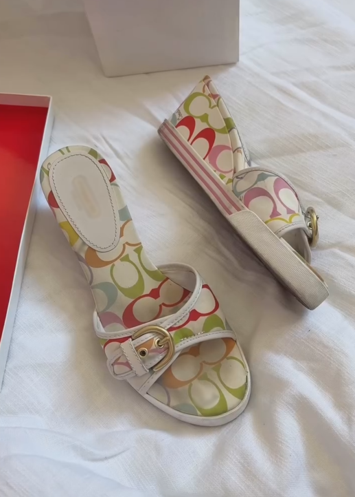 Vintage Multicolor Logo Print Wedge Mules