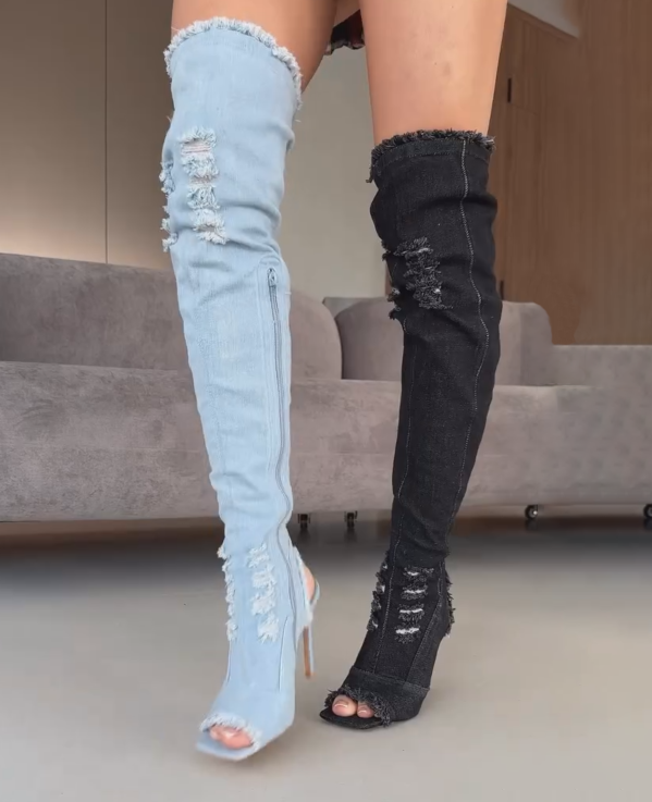 Frayed Edge Open-Toe Denim Ankle Boots