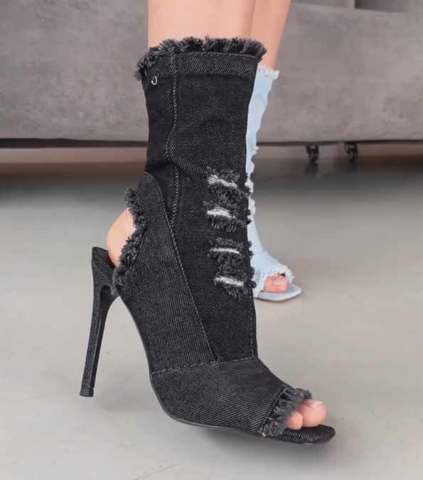 Frayed Edge Open-Toe Denim Ankle Boots
