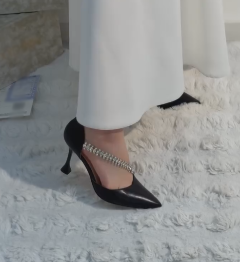 Elegant Satin & Leather Mid-Heel Pumps with Rhinestone Strap