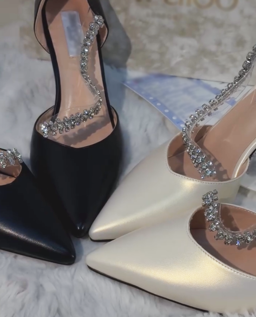 Elegant Satin & Leather Mid-Heel Pumps with Rhinestone Strap