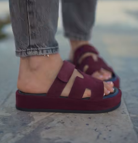 Adjustable Velcro Strap Chunky Sole Suede Slides