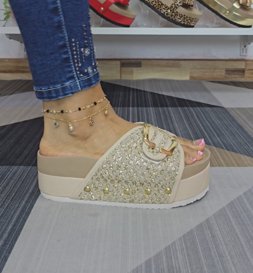 Rhinestone Embellished Platform Slide Sandals