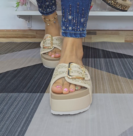 Rhinestone Embellished Platform Slide Sandals