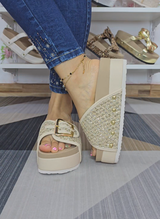 Rhinestone Embellished Platform Slide Sandals