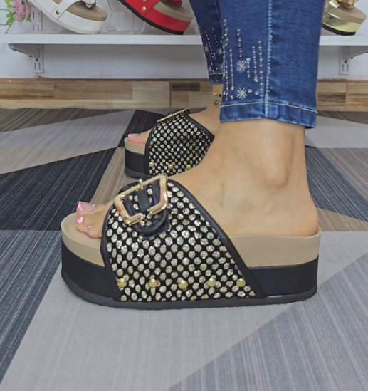 Rhinestone Embellished Platform Slide Sandals