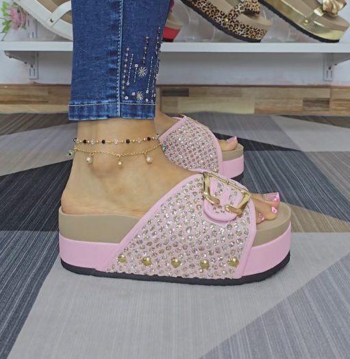 Rhinestone Embellished Platform Slide Sandals